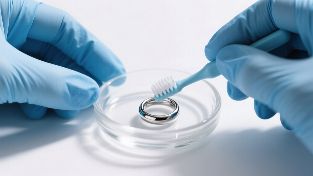 Hands in blue nitrile gloves using a soft baby toothbrush to gently scrub an ASTM F136 titanium septum ring in a small glass dish