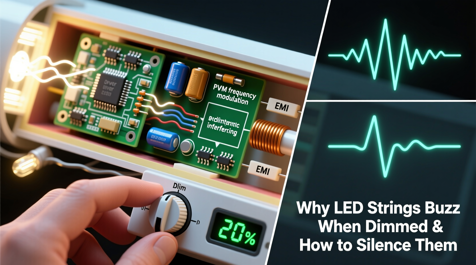why do some led strings buzz when dimmed and how to silence them