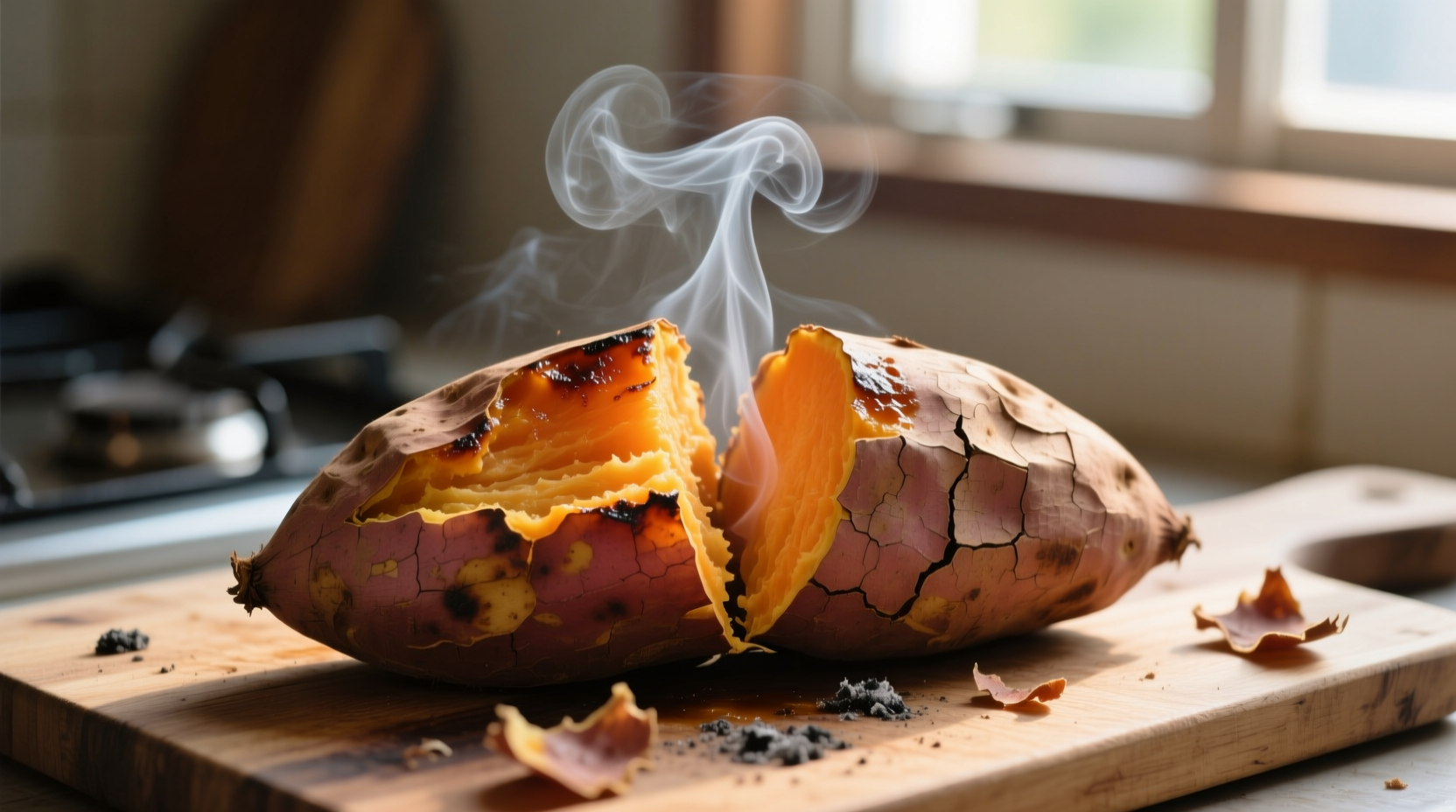 Roasted Korean sweet potatoes with steam rising from split skin