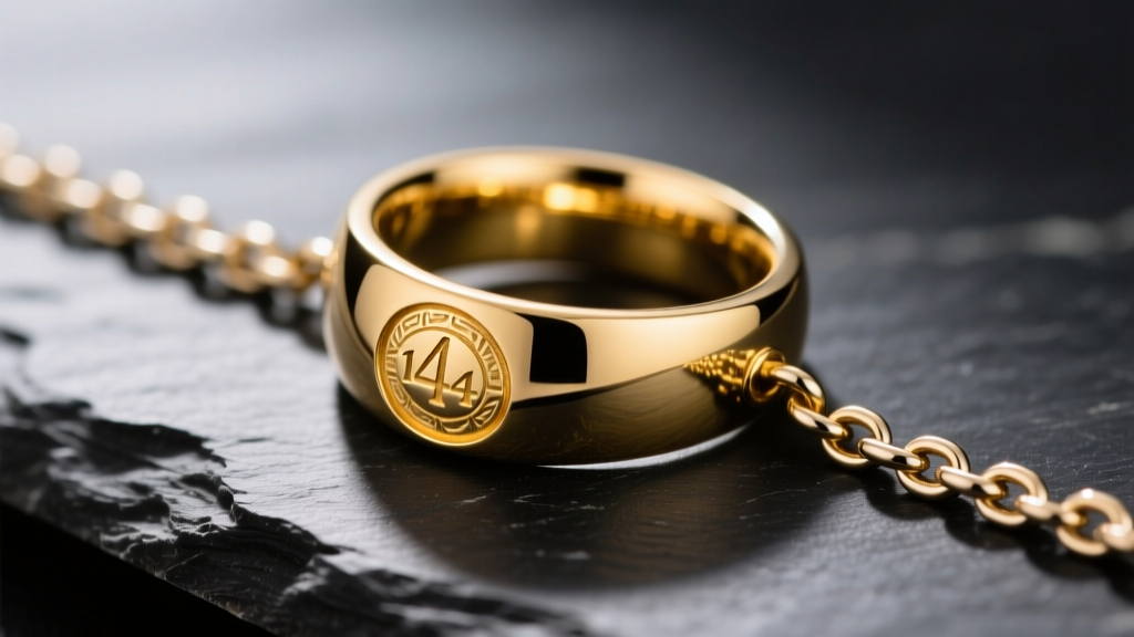Close-up of a heavy 14k yellow gold signet ring threaded onto a thick 2mm stainless steel box chain, resting on dark slate