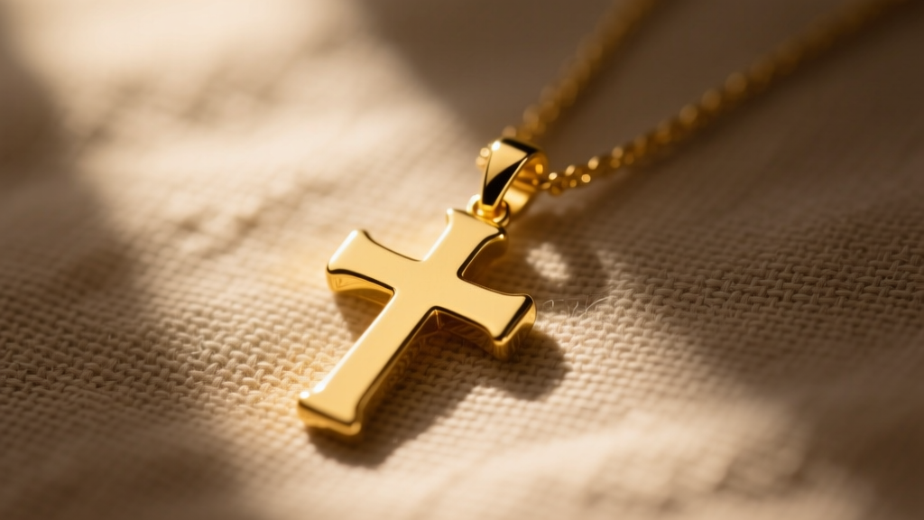 Close-up of a solid 14k yellow gold Latin cross pendant on textured linen, illuminated by soft, warm directional morning sunlight.