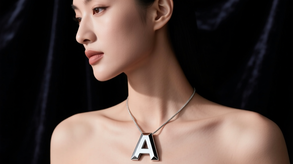 Side profile of a woman wearing a chunky block letter A pendant on a stainless steel cable chain against a dark backdrop