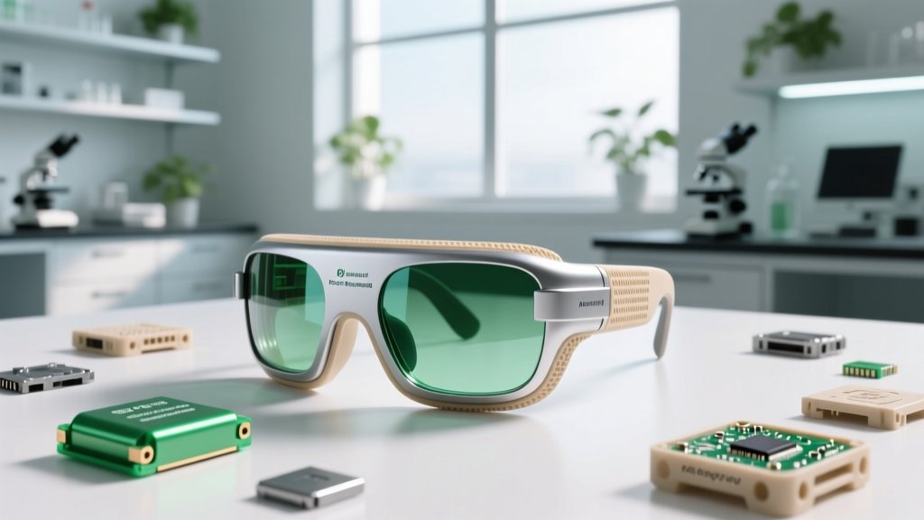 Technician examining modular components of eco-friendly augmented reality glasses showing replaceable battery and recycled frame materials