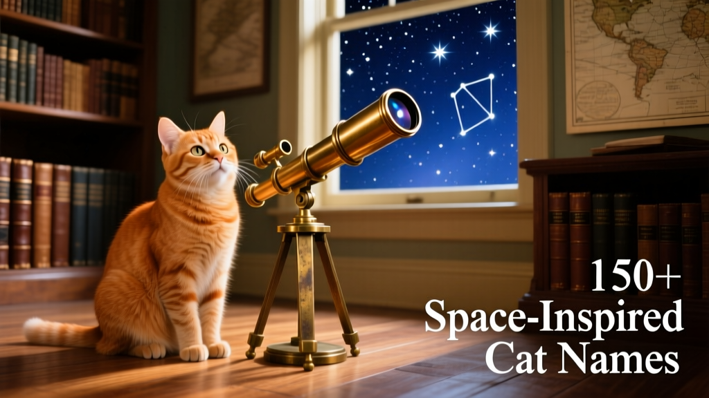A curious ginger cat sitting beside a vintage telescope pointed at the night sky