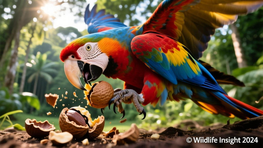 Large macaw using its beak to crack a hard Brazil nut