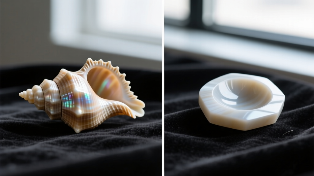 Split-screen comparison of a genuine convex cone shell puka bead next to a flat, machine-drilled howlite imitation on dark velvet.