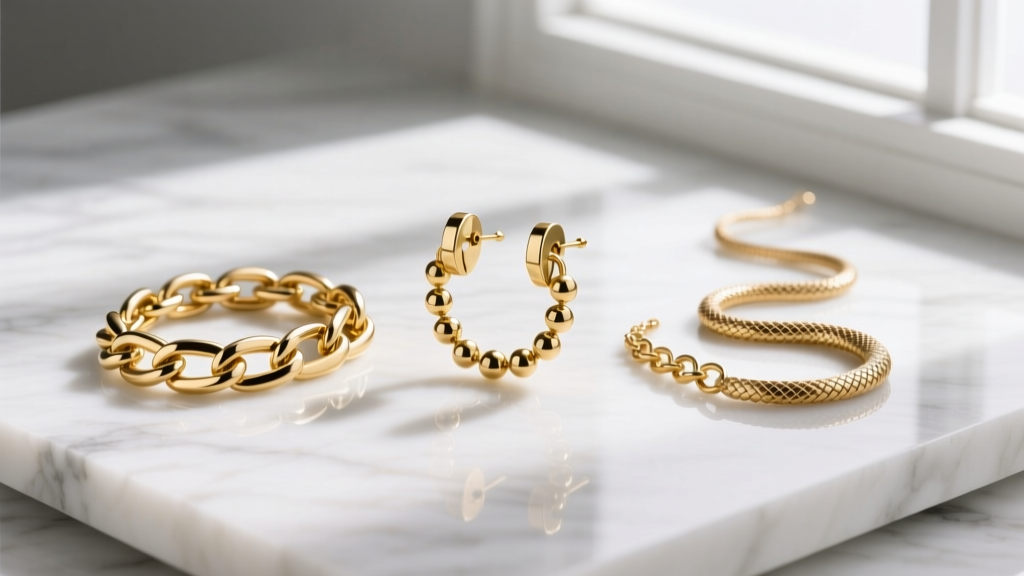 Flat lay of three chain long earrings on marble: a flat curb chain, a round rolo chain, and a delicate snake chain in 14k gold.