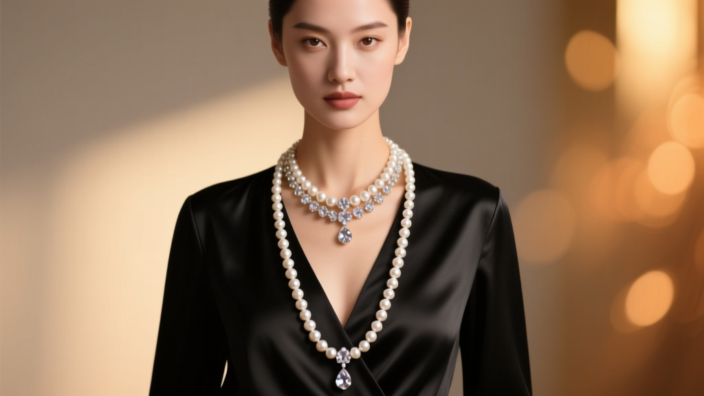 Woman wearing a sixteen inch princess length pearl and crystal necklace over a black silk V-neck blouse, soft bokeh background.