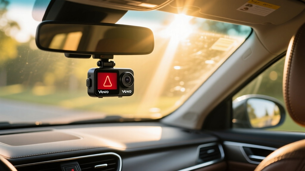 Viofo A119 V3 dash cam mounted behind rearview mirror, displaying a high cabin temperature warning icon during bright summer sunlight
