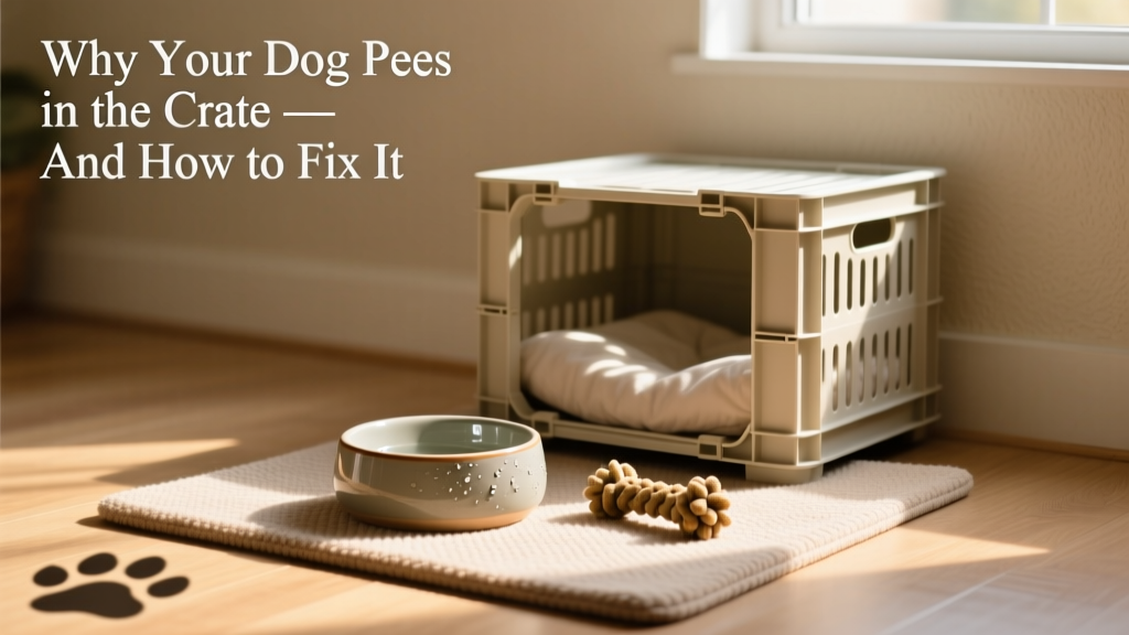 A clean, minimalist crate setup with a non-absorbent mat, water bowl, and chew toy—no bedding or excess space