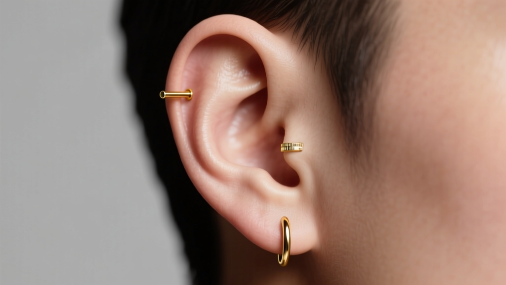 Side profile of a human ear featuring a 16-gauge gold flat-back earring in the helix, highlighting the precise 6mm post length.