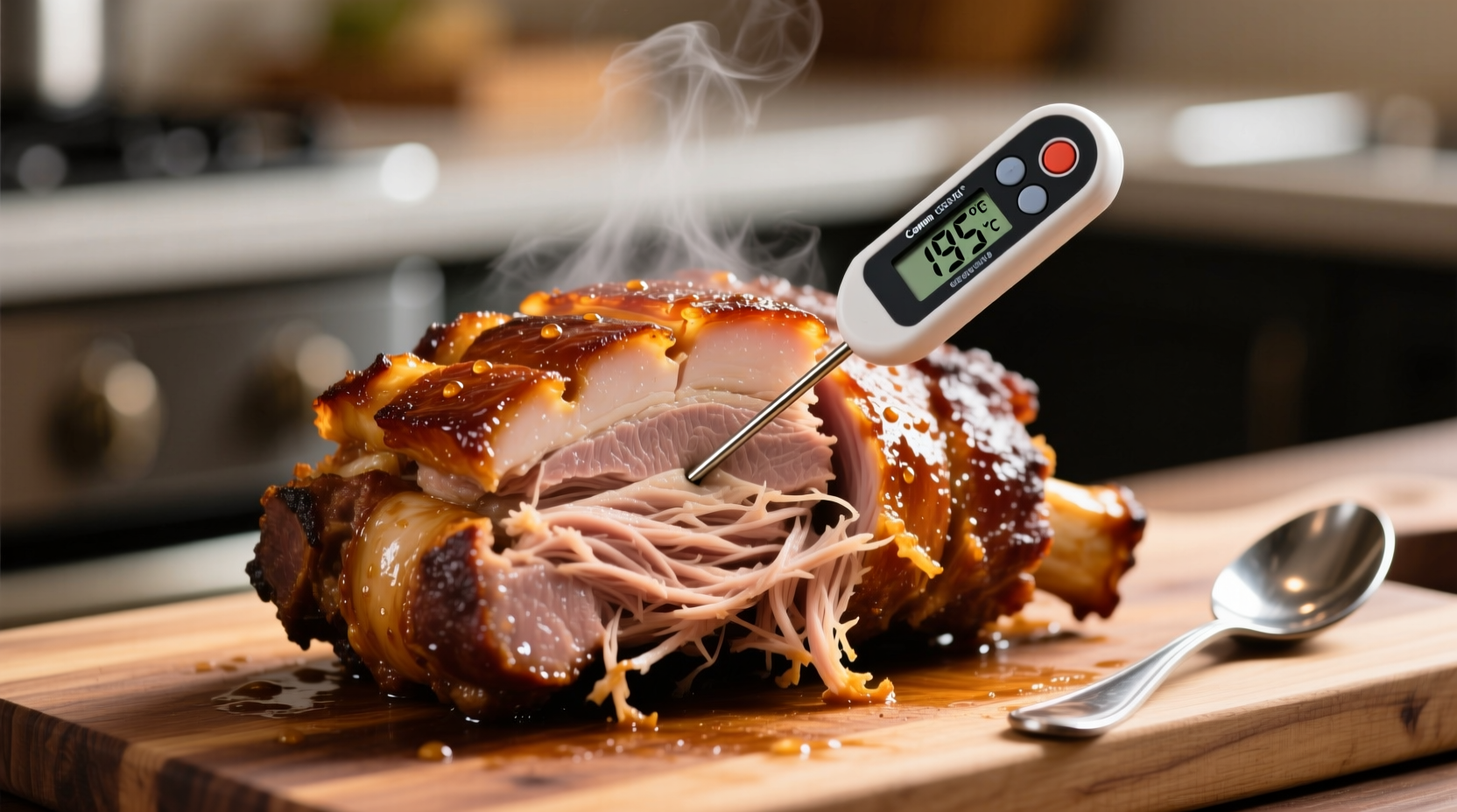 Perfectly cooked pulled pork with internal thermometer reading