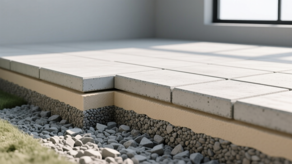 Cross-section diagram of a concrete patio slab and interlocking concrete pavers showing compacted aggregate base and bedding sand layers