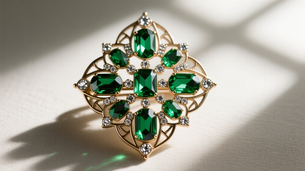 Close-up of an Art Deco geometric antique costume brooch featuring emerald-green glass stones and marcasite set in potin metal.