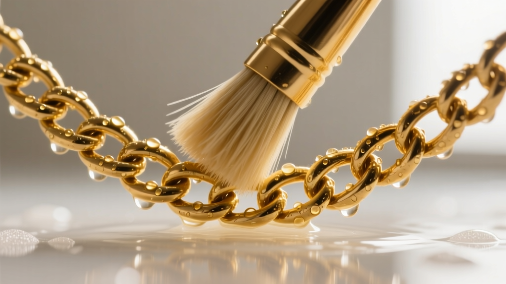 Soft bristle brush gently cleaning intricate links of a vintage 14k gold hollow curb chain in mild soapy water, macro photography