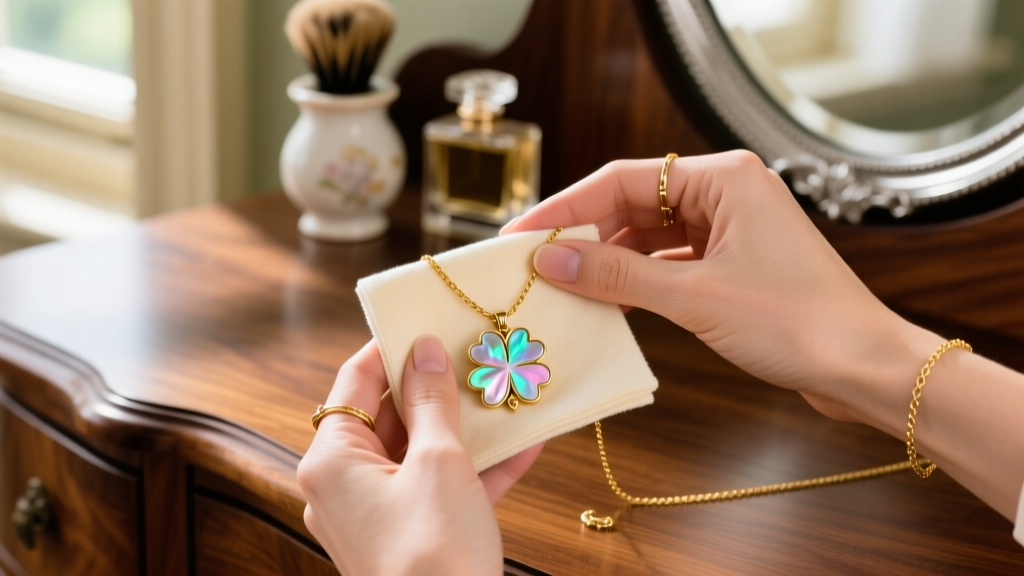 Hands gently wiping a gold necklace with 4 leaf clover mother of pearl pendant using a soft microfiber cloth on a wooden vanity