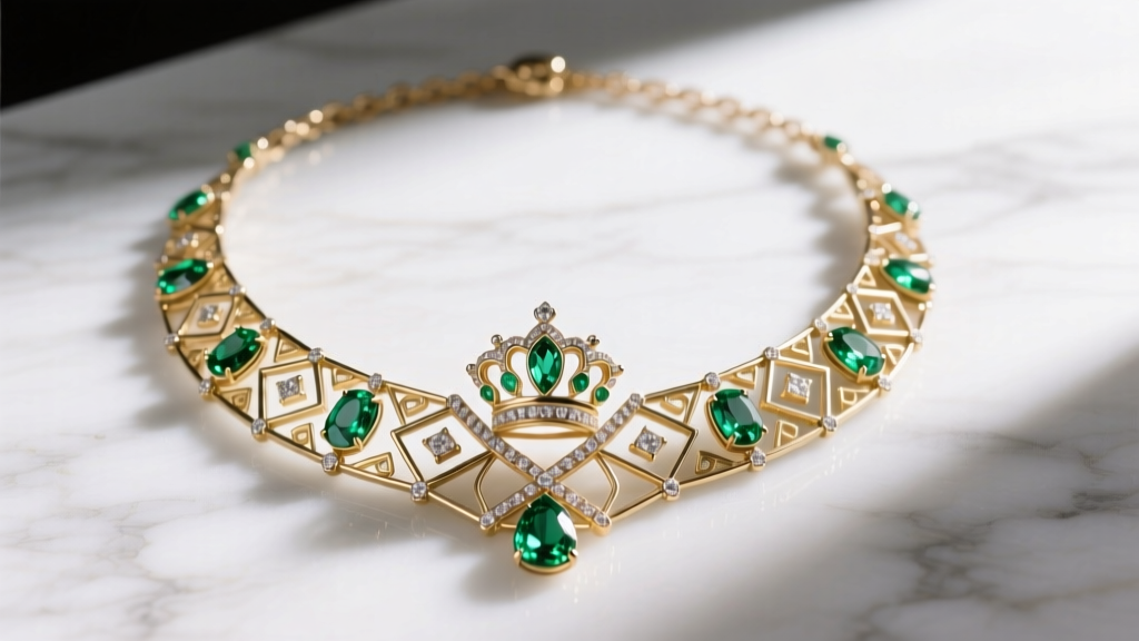 Art Deco Tiana necklace flat lay featuring geometric gold filigree, peridot gems, and subtle crown motif on white marble surface.