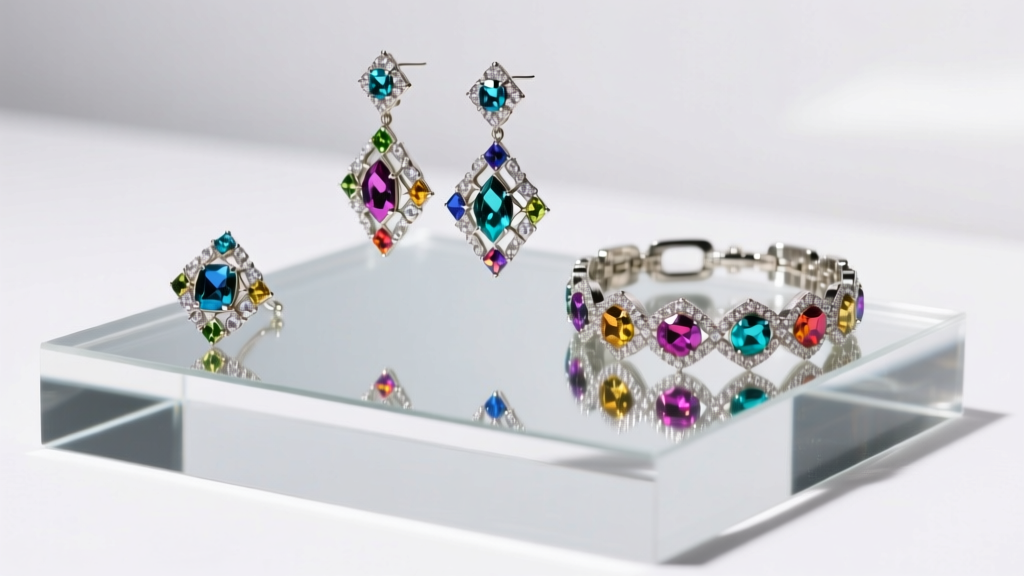 Rare 1980s Avon rhinestone earrings and bracelets on a mirrored acrylic riser, illuminated by bright, clean gallery lighting.