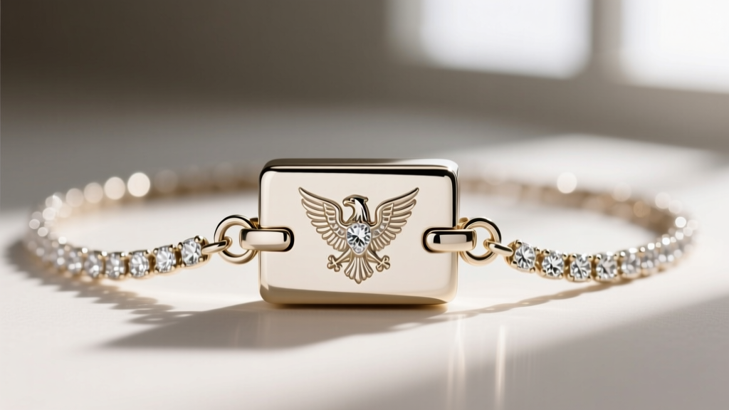 Close-up of an 18k white gold box clasp on a diamond sautoir, showing the French eagle hallmark and a figure-eight safety catch