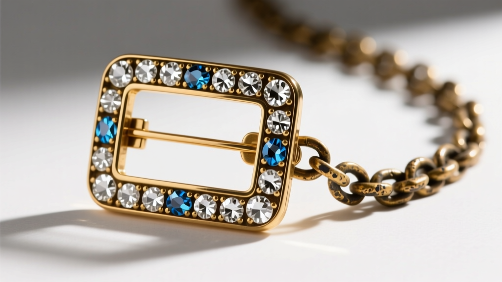 Macro shot of a vintage Heidi Daus magnetic clasp and oxidized brass chain, highlighting the hand-set crystal pavé details.