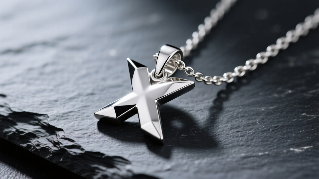 Macro shot of a polished sterling silver letter X pendant on dark slate, highlighting sharp beveled edges and a delicate cable chain
