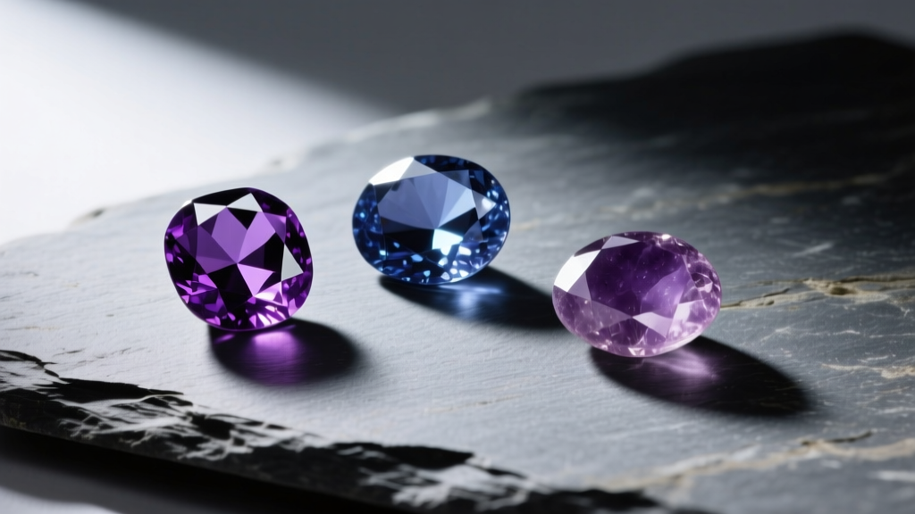 Three loose gems on slate: purple sapphire, tanzanite, and amethyst, lit by directional studio lighting from the left side