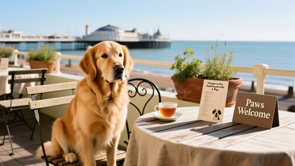 A dog sitting beside a table at an outdoor restaurant terrace in Eastbourne