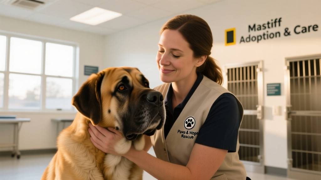 A friendly staff member gently interacting with a Mastiff at a clean, well-lit rescue facility