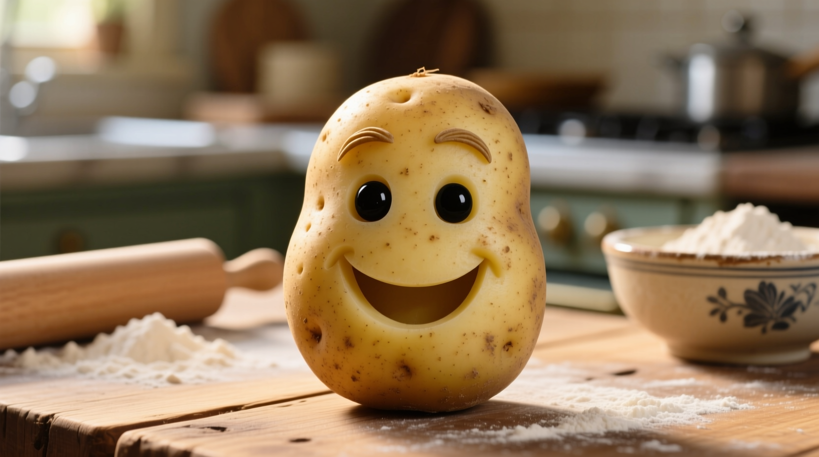 Close-up of a potato resembling a smiling face with eyes and mouth