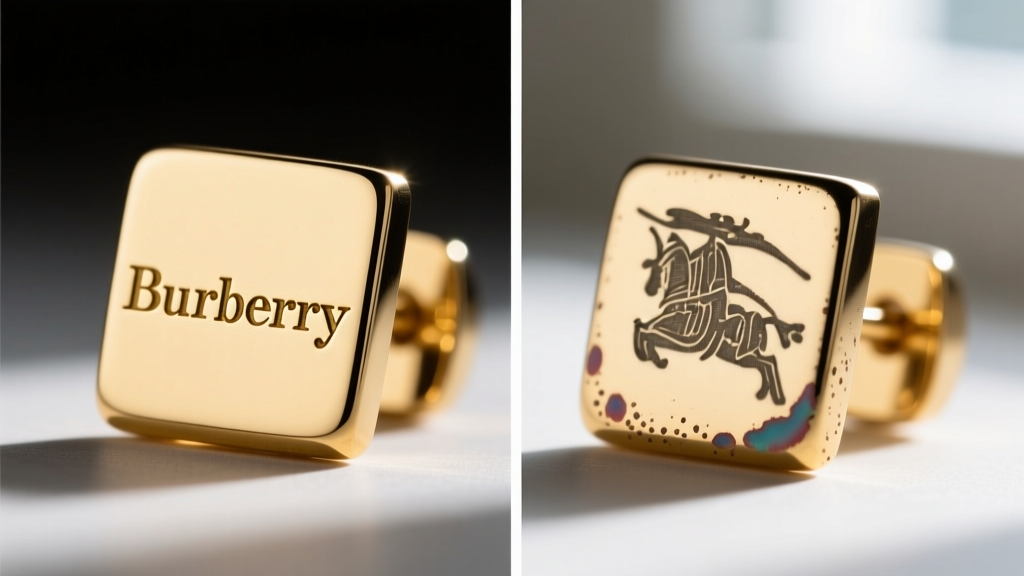 Macro comparison of authentic and fake Burberry earrings, focusing on font depth of the stamp and enamel bleed on the metal edges.