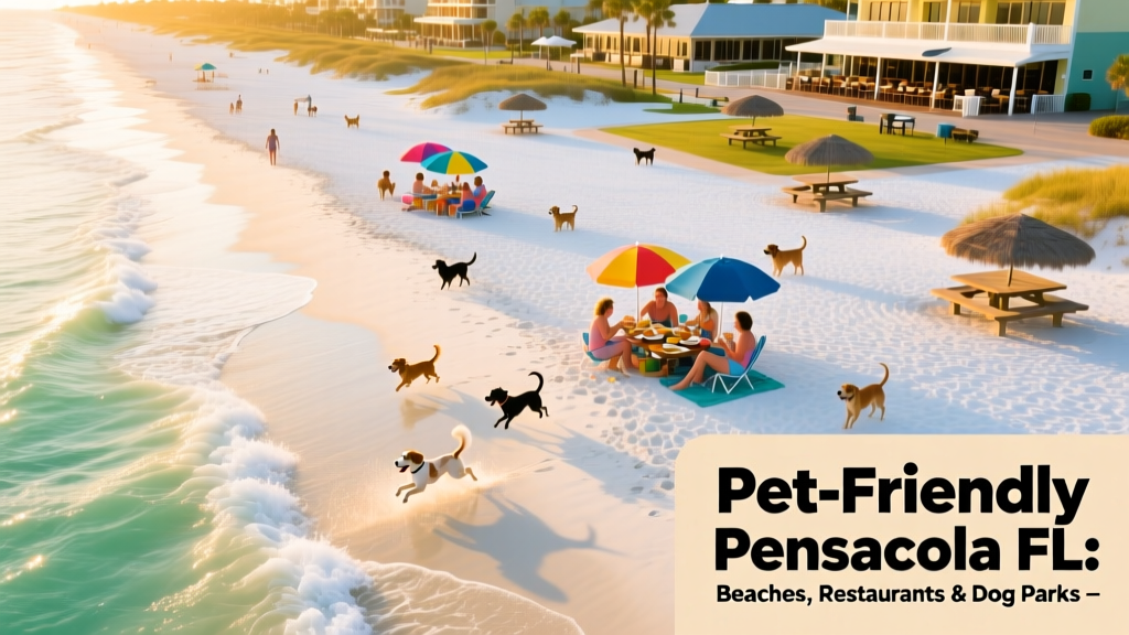 Aerial view of Pensacola Beach West with dogs playing near the shoreline and families relaxing under umbrellas