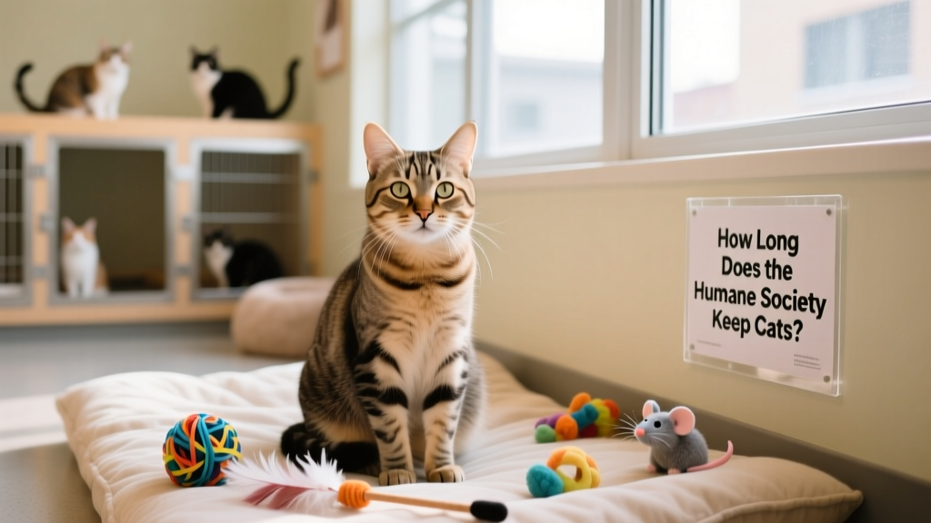 A calm, friendly cat sitting in a shelter adoption room with soft lighting and toys nearby