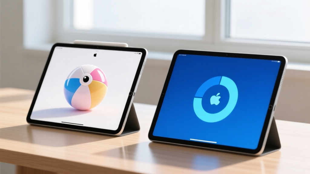 Side-by-side comparison of a macOS spinning beach ball and a Windows blue loading circle displayed on two different modern tablets