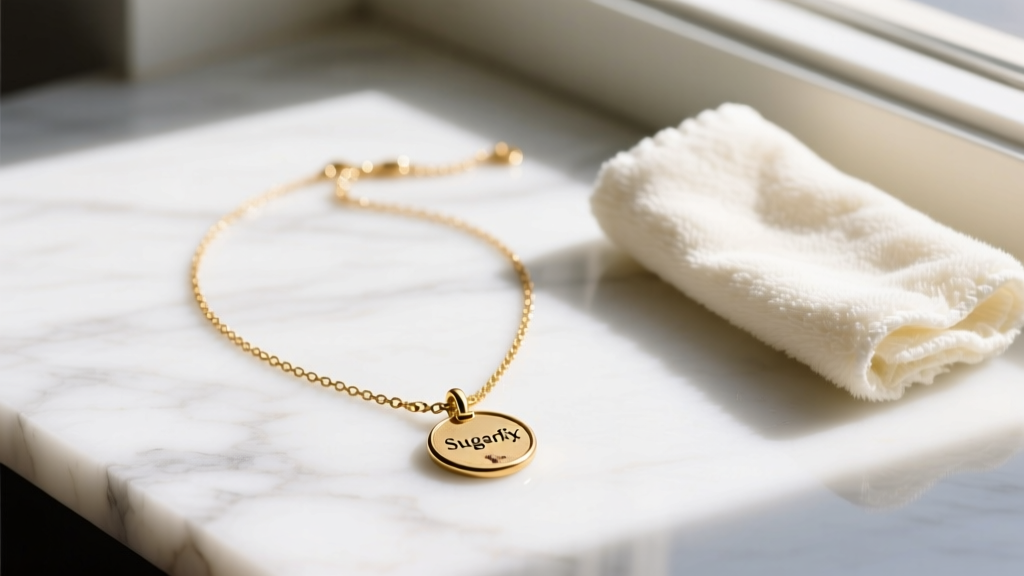 Flat lay of a gold-plated Sugarfix necklace with a slightly tarnished pendant on white marble next to a soft polishing cloth