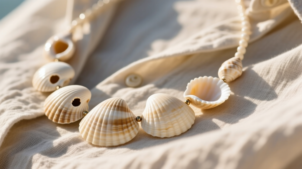 Close-up of a natural cream puka shell necklace on a sunlit linen shirt, showcasing organic holes and smooth, wave-tumbled edges.