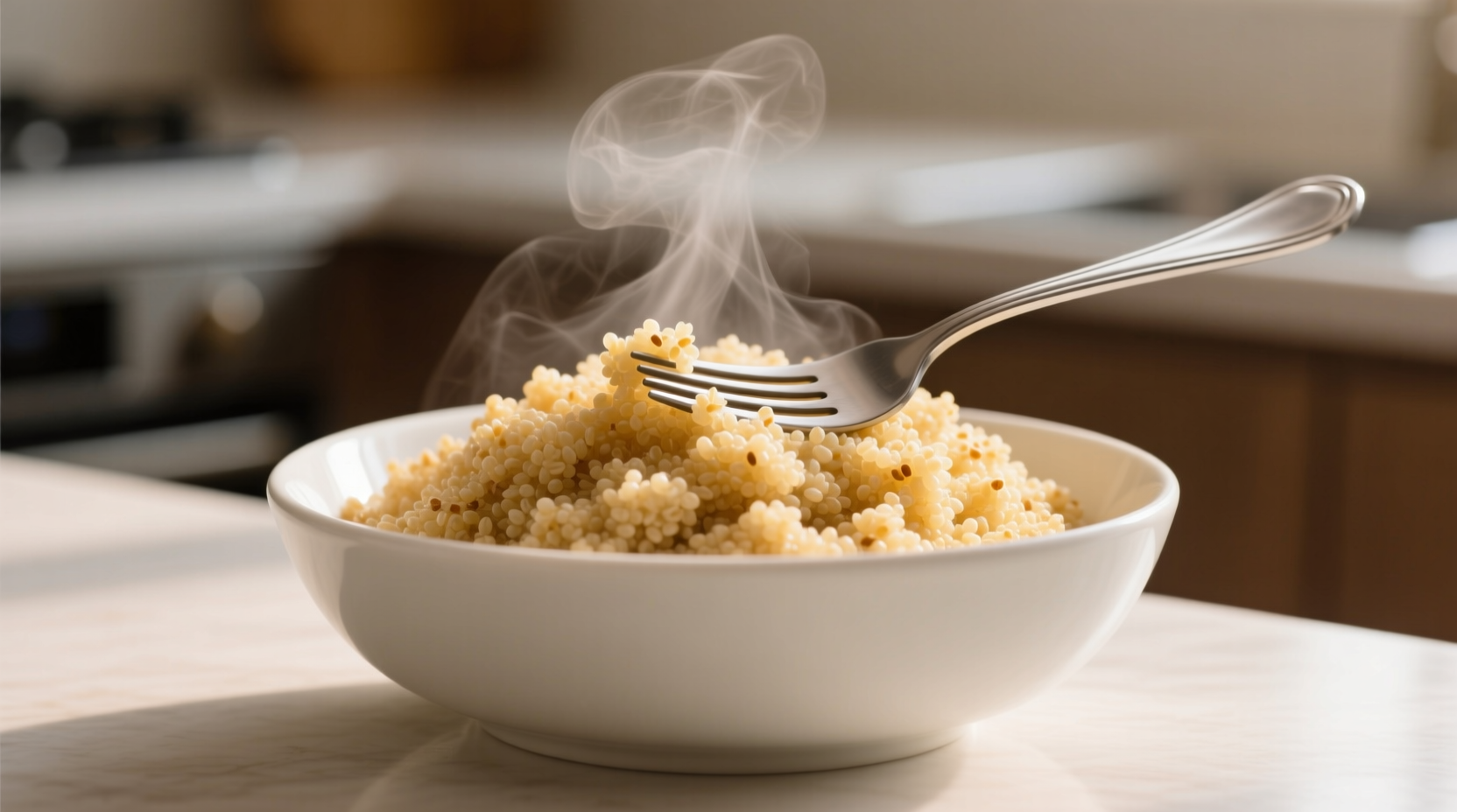 Fluffy cooked quinoa in white bowl with fork