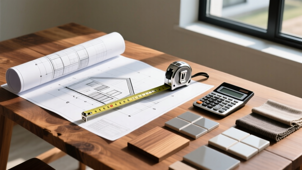 Architectural blueprints spread on a wooden table next to a measuring tape, calculator, and material samples for a new residential home build