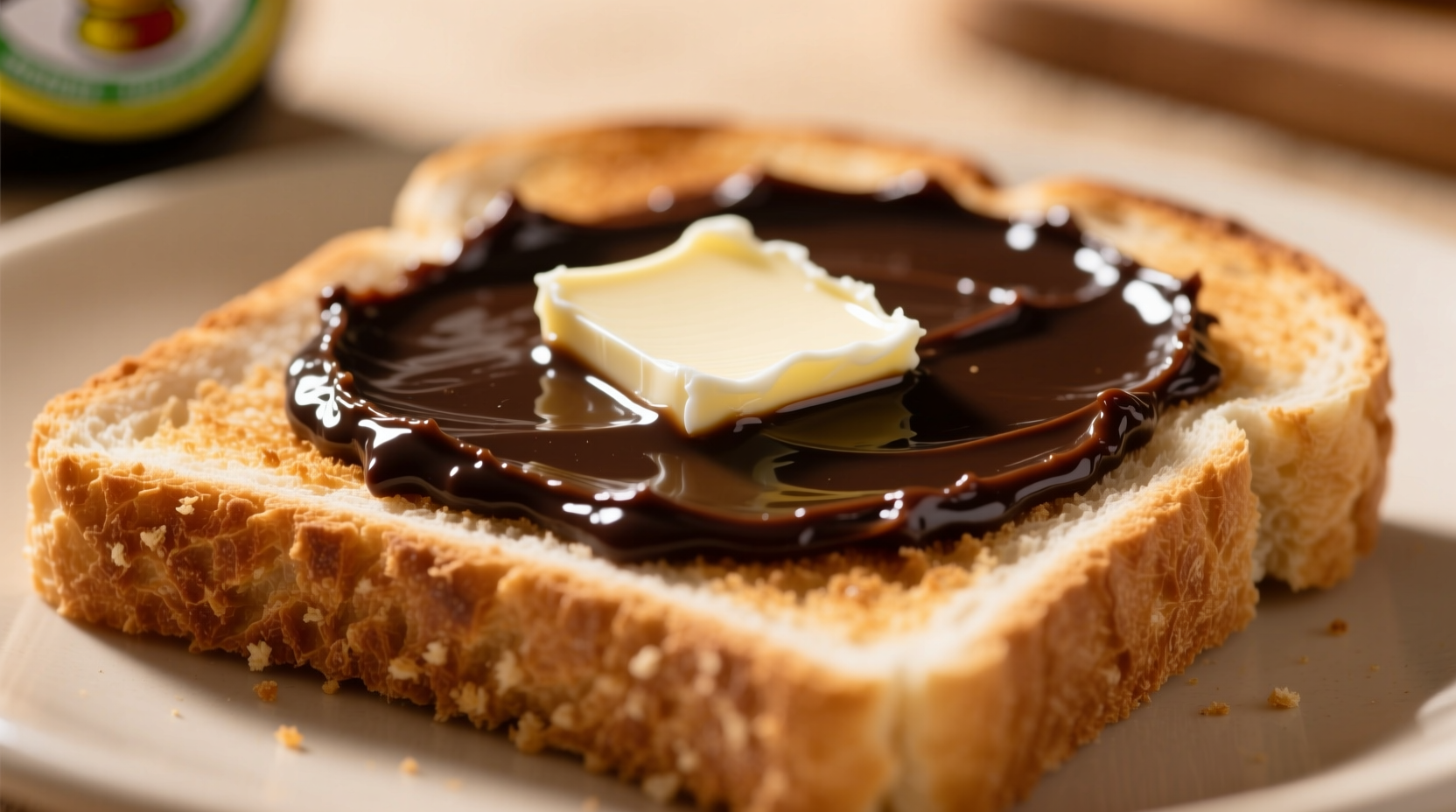 Close-up of Marmite spread thinly on toasted bread with butter