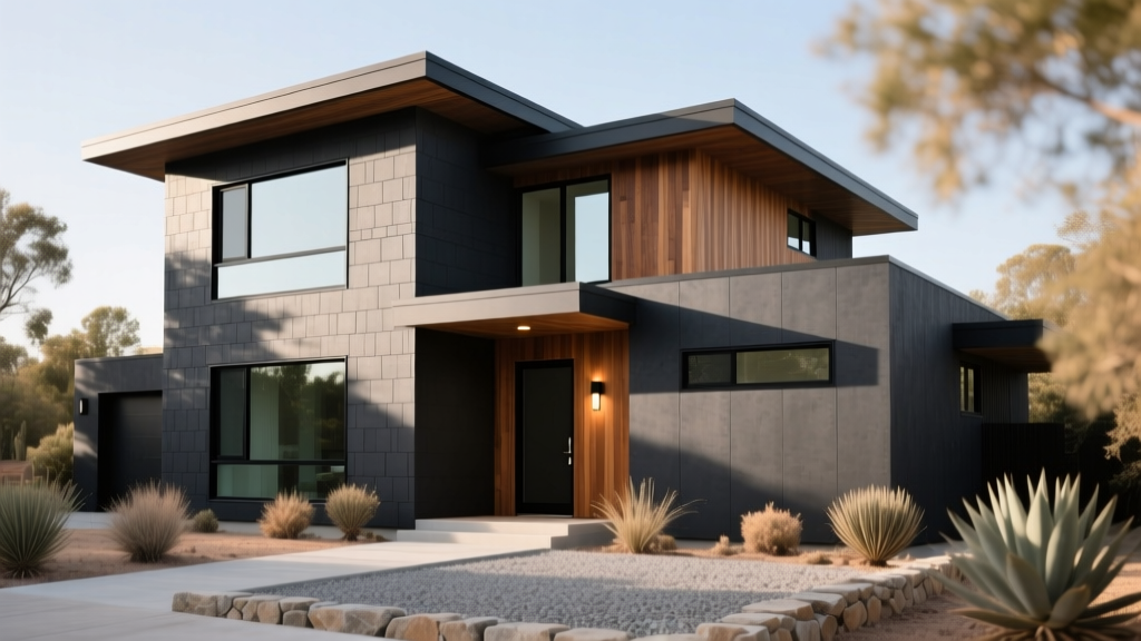 Modern two-story home exterior featuring a seamless blend of dark charcoal fiber cement lap siding and warm cedar wood accent cladding