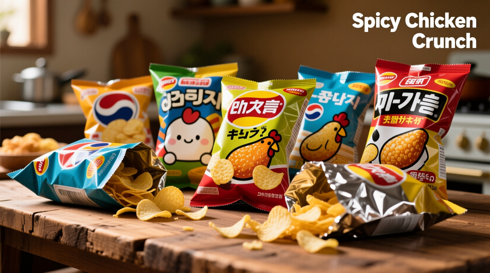 Assorted chicken-flavored potato chips in different packaging