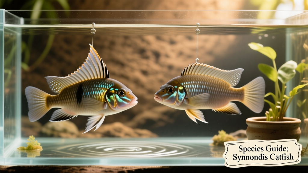 Side-by-side comparison of Synodontis eupterus and Synodontis multipunctatus showing differences in dorsal fin shape and body depth