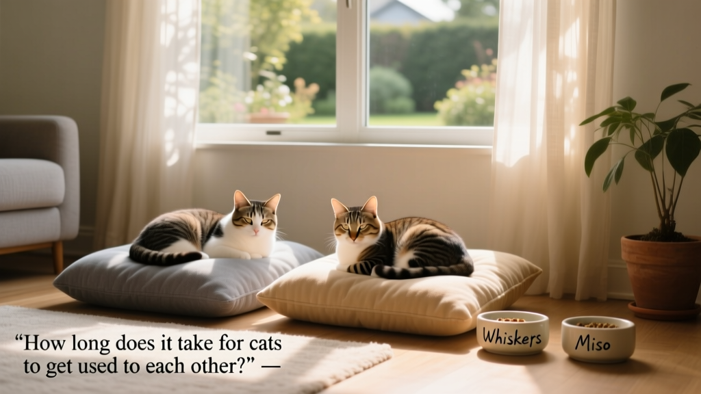 Two cats resting peacefully in the same room, each on their own cushion, with a shared window view and separate food bowls nearby