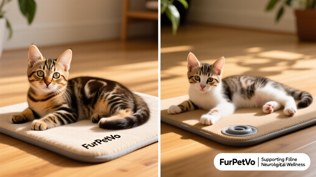 Side-by-side comparison: a healthy kitten and a kitten with mild cerebellar ataxia using FurPetVo play mats