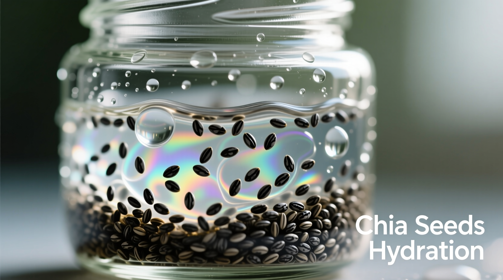 Chia seeds transforming from dry to gel state in glass jar