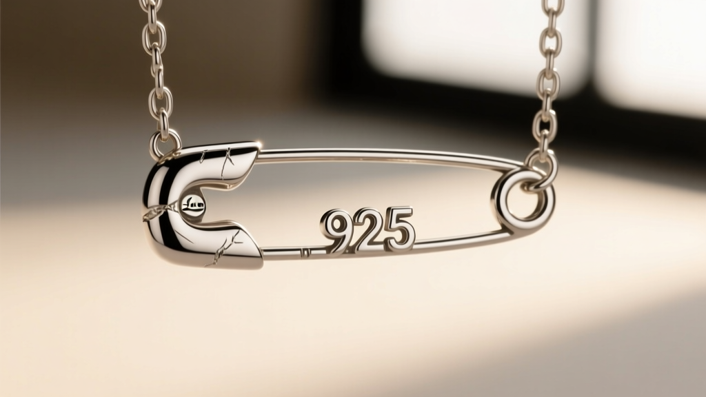 Macro shot of a 925 sterling silver Margiela safety pin pendant, showing the crisp hallmark engraving and polished metal texture.