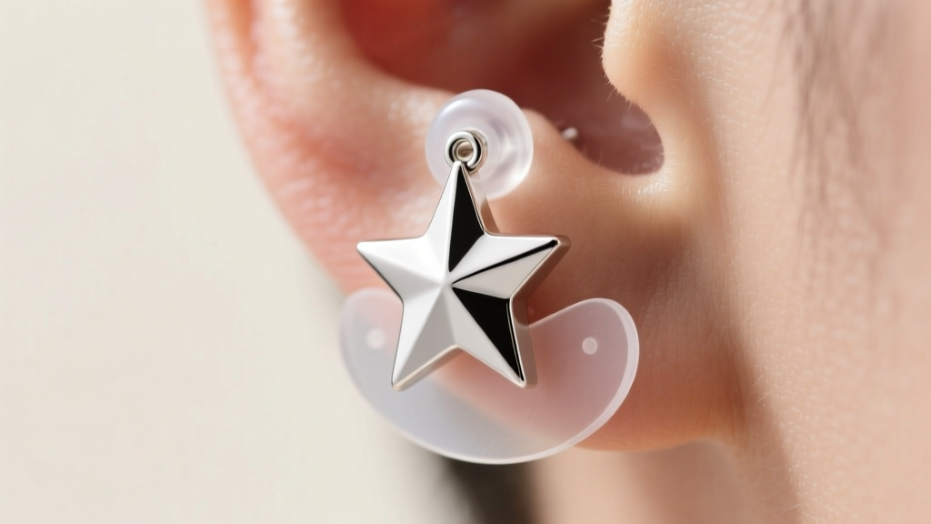 Macro shot of 18-gauge silver star earring post secured with wide silicone ear nut and clear supportive lobe patch backing.