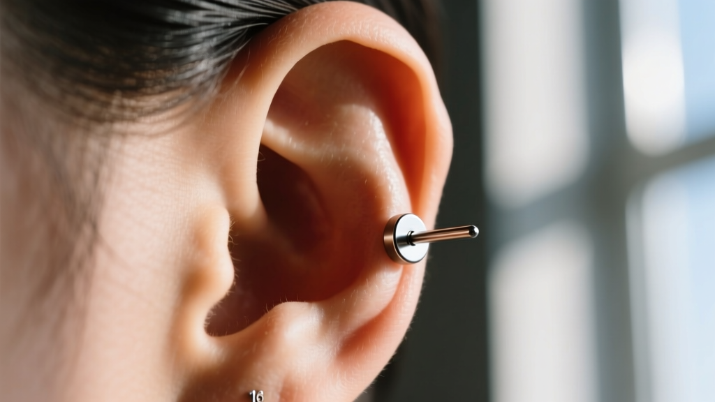 Side view of an ear showing a 16-gauge flat-back cartilage stud in the helix with two millimeters of visible post clearance space
