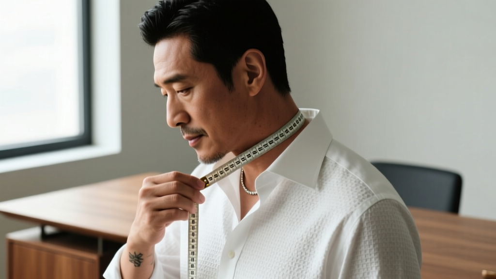 Side profile of a man measuring his neck with a soft tailor tape measure to find the perfect 18-inch collarbone necklace fit