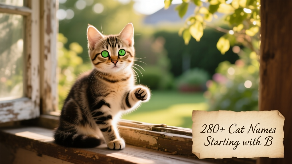 A curious tabby kitten perched on a sunlit windowsill, looking thoughtfully at the camera