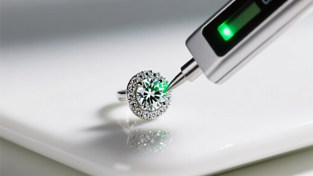 Digital diamond tester with glowing green LED touching a platinum halo diamond earring on a clean white ceramic surface.